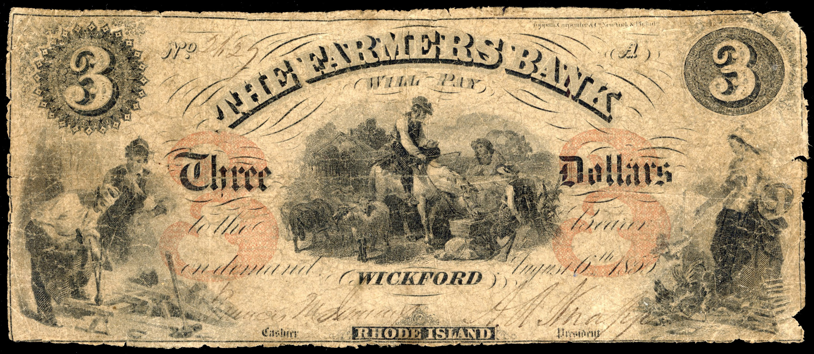 USA, RI. Wickford, The Farmers Bank, Three Dollars, 6 Aug 1855. About Fine with right hand side a bit ragged.…