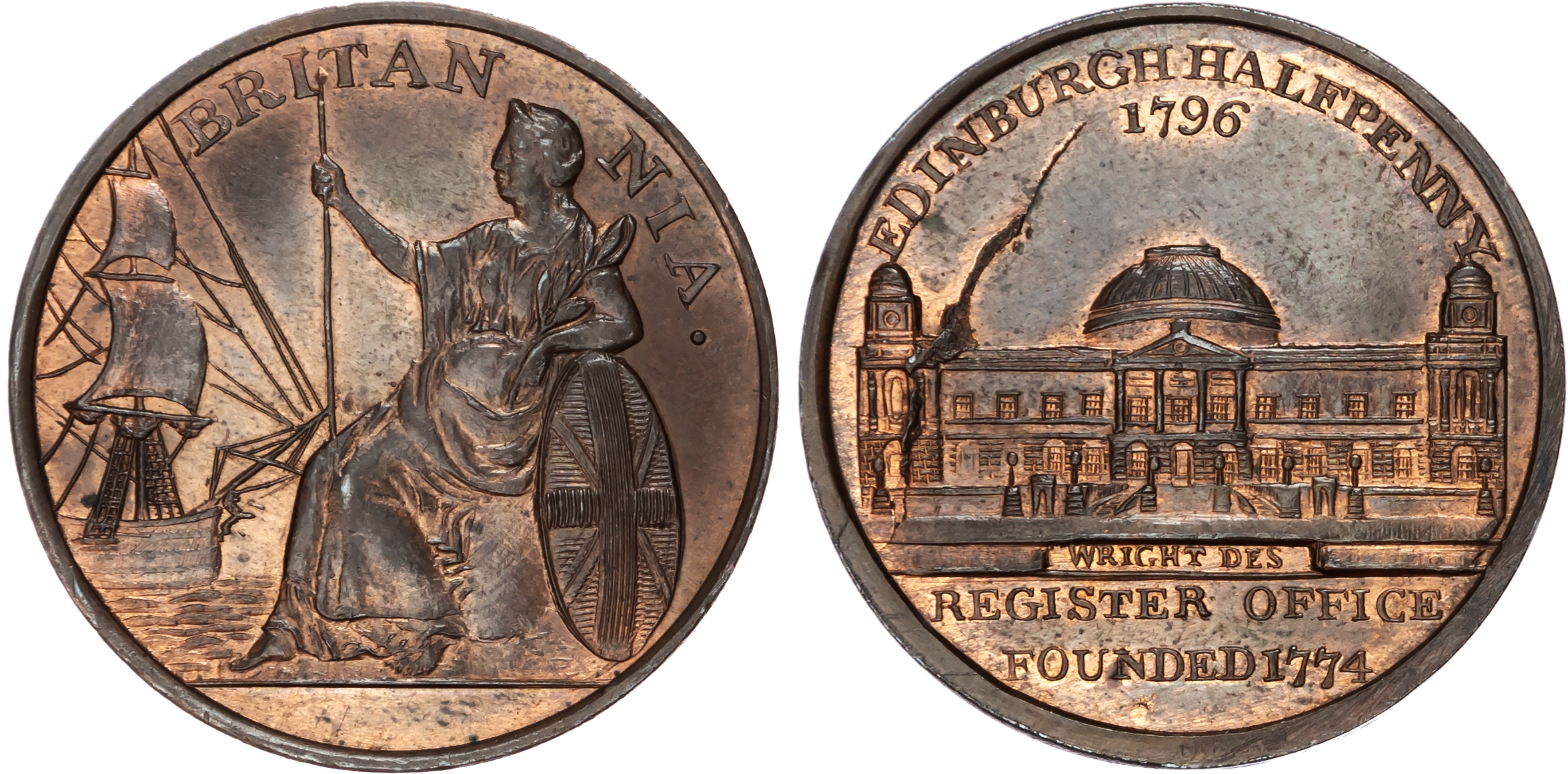 Loth. Edinburgh, James Wright Halfpenny 1796, view of façade of the Register Office, rev. Britannia seated lef…