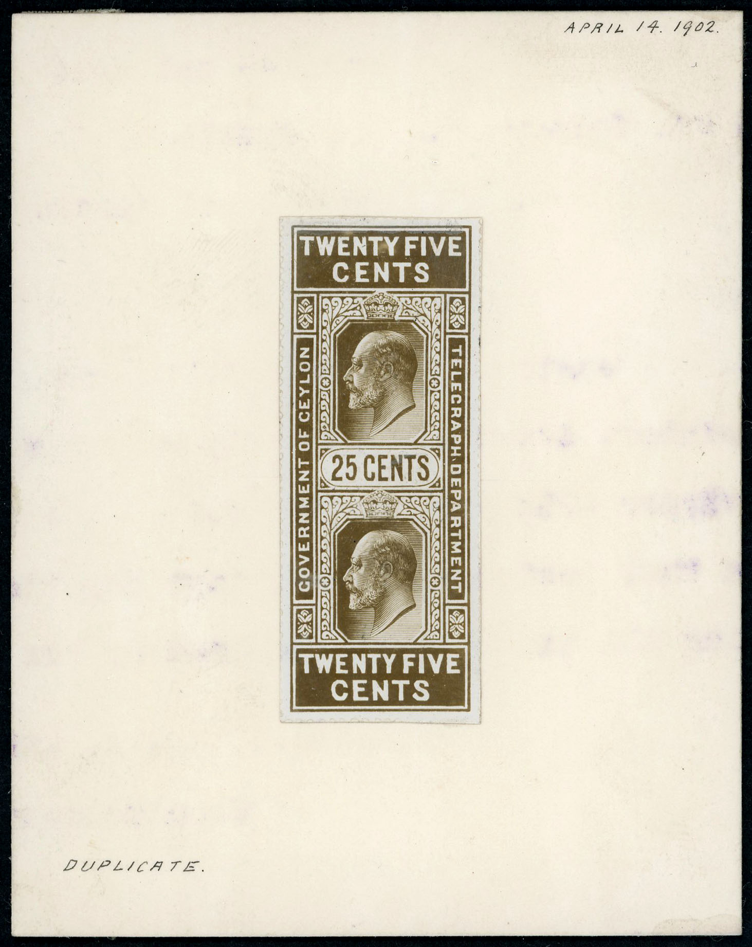 Ceylon KEVII 25c stamp-sized photographic essay SG T150-64var