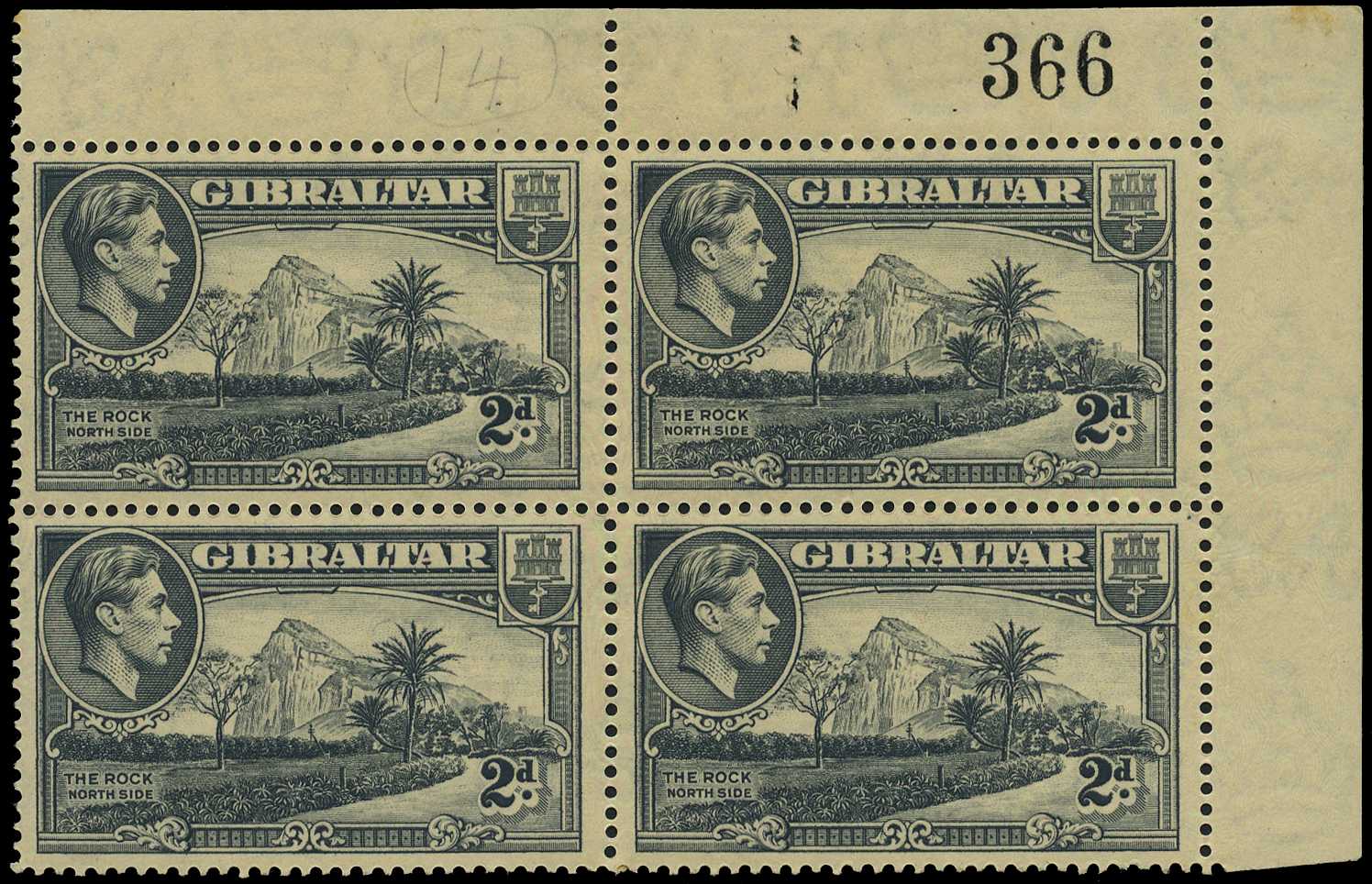 1938 2d grey perf 14, corner block of four...