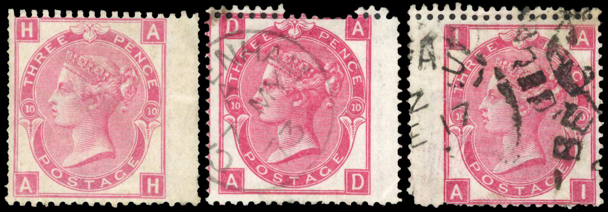 1867 3d Rose Pl.10 (SG103, Wmk. Spray). An unusual trio of double perforations