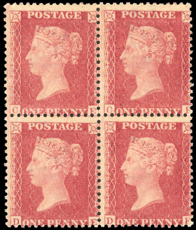 GB 1856 Large Crown 1d pale rose-pink, Plate 67 mint block of four