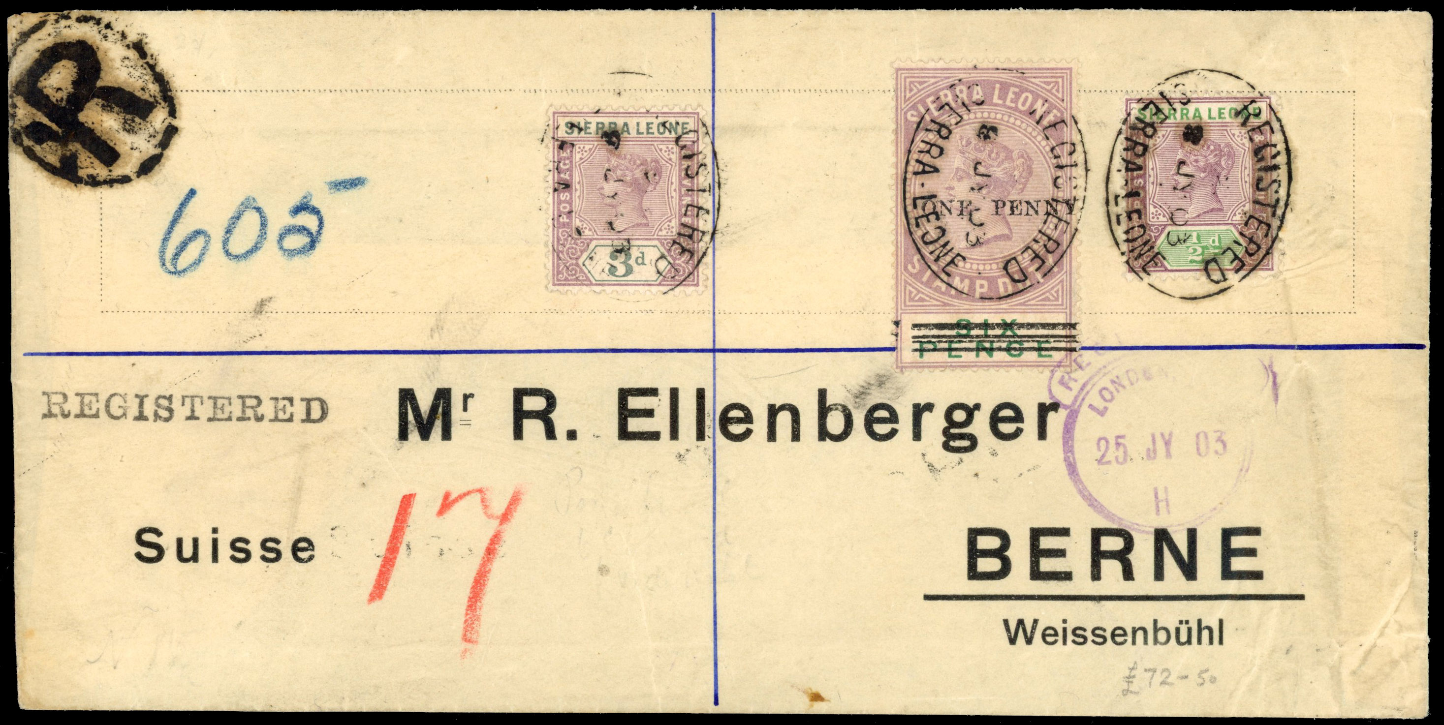 Sierra Leone 1903 registered cover to Switzerland with postal fiscal surcharge