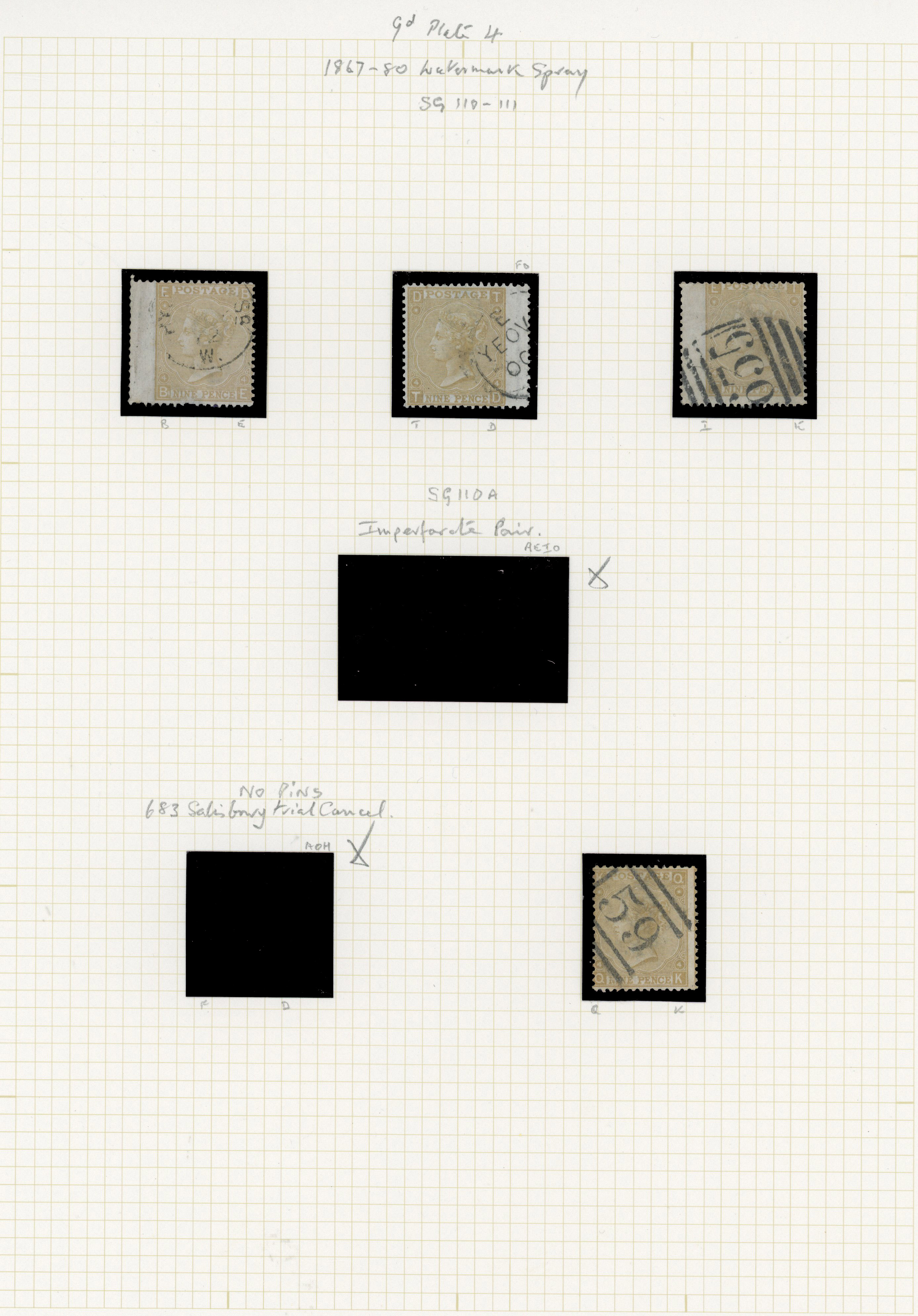 1867 9d Straw Pl.4. (SG110/111, Wmk. Spray). Four used example