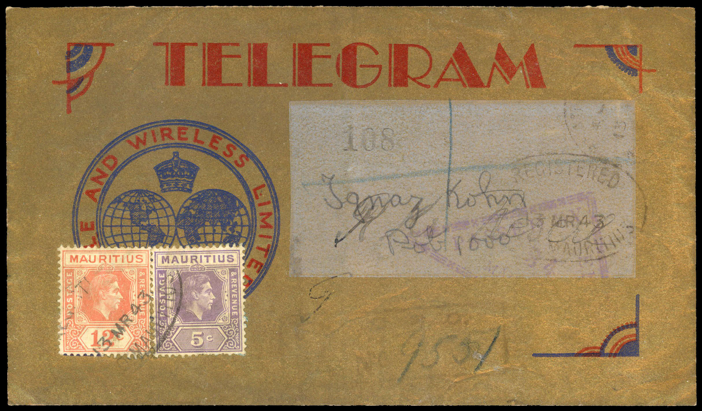 MAURITIUS: 1943 scarce illustrated Cable and Wireless Telegram envelope to ‘The Jewish Internment camp, PO Box 1000’, franked