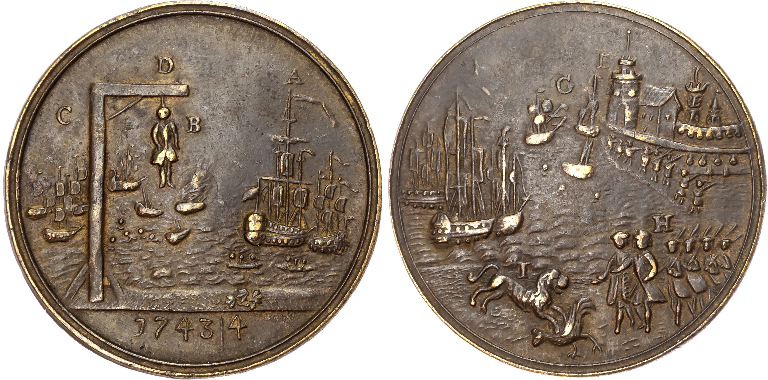 Action off Toulon, 1743-1744. "Gallows", AE cast medal (1746) unsigned.