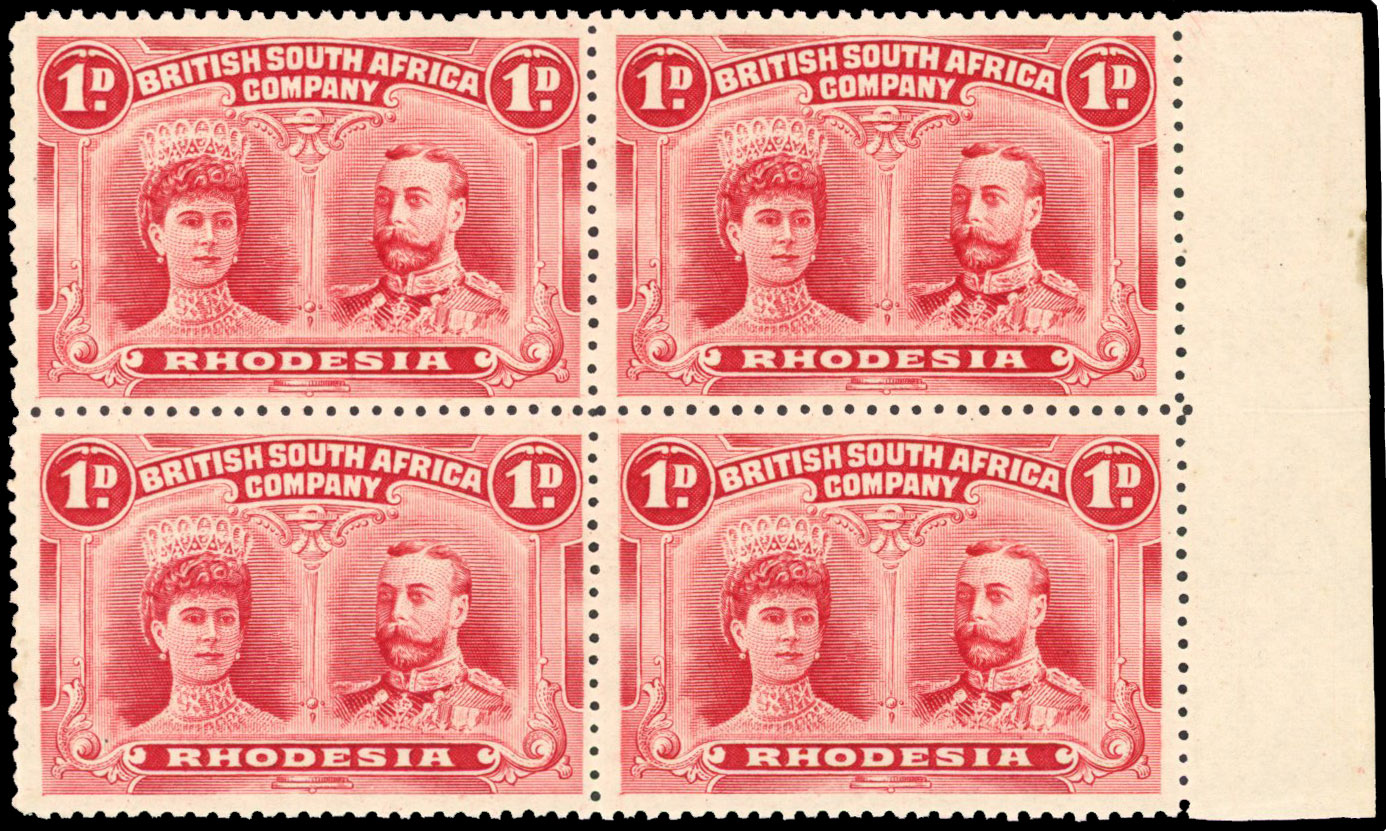 Rhodesia 1910-13 1d carmine-red perf 14 block of 4