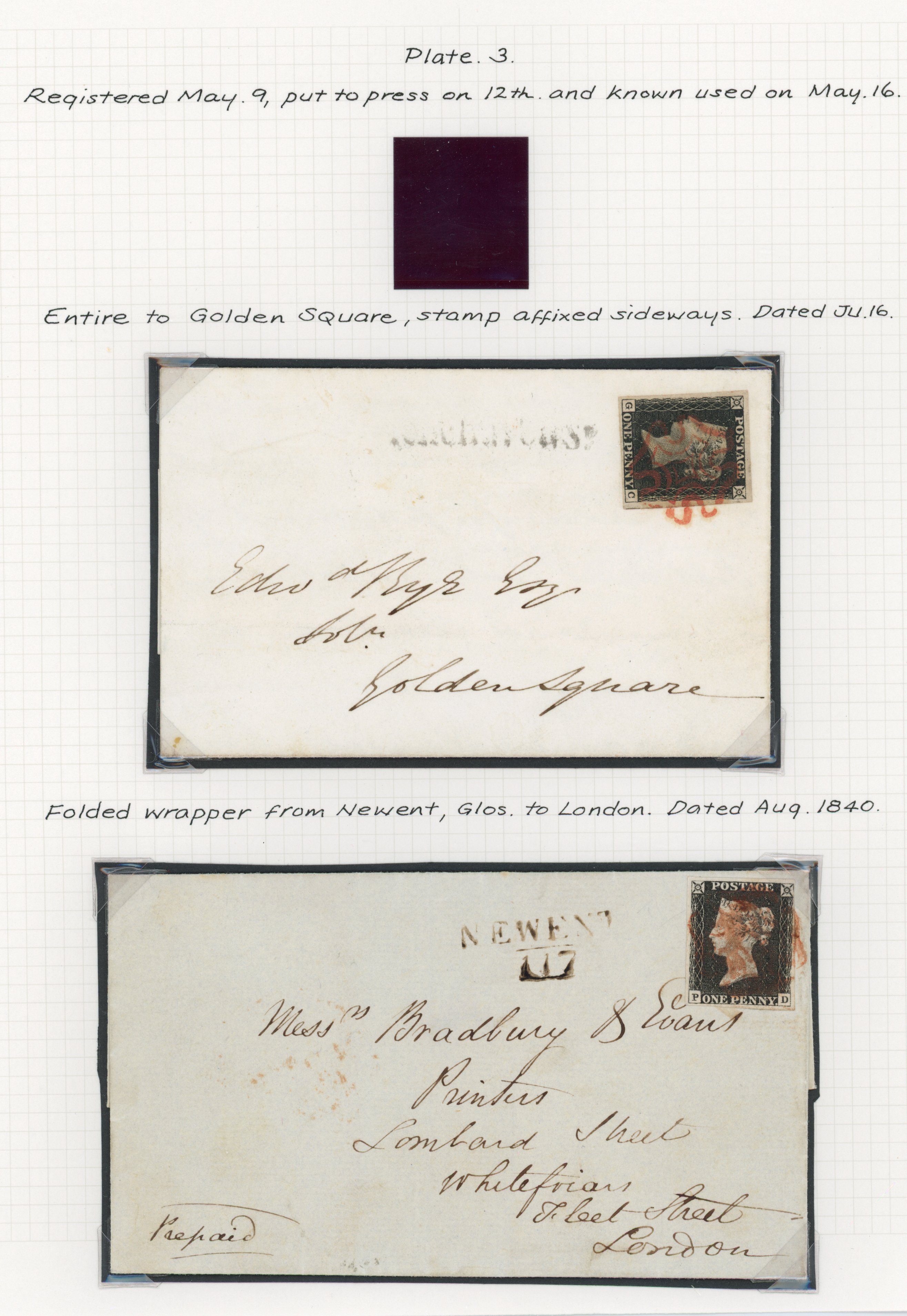 1840 1d Black Pl.3. Two separate covers