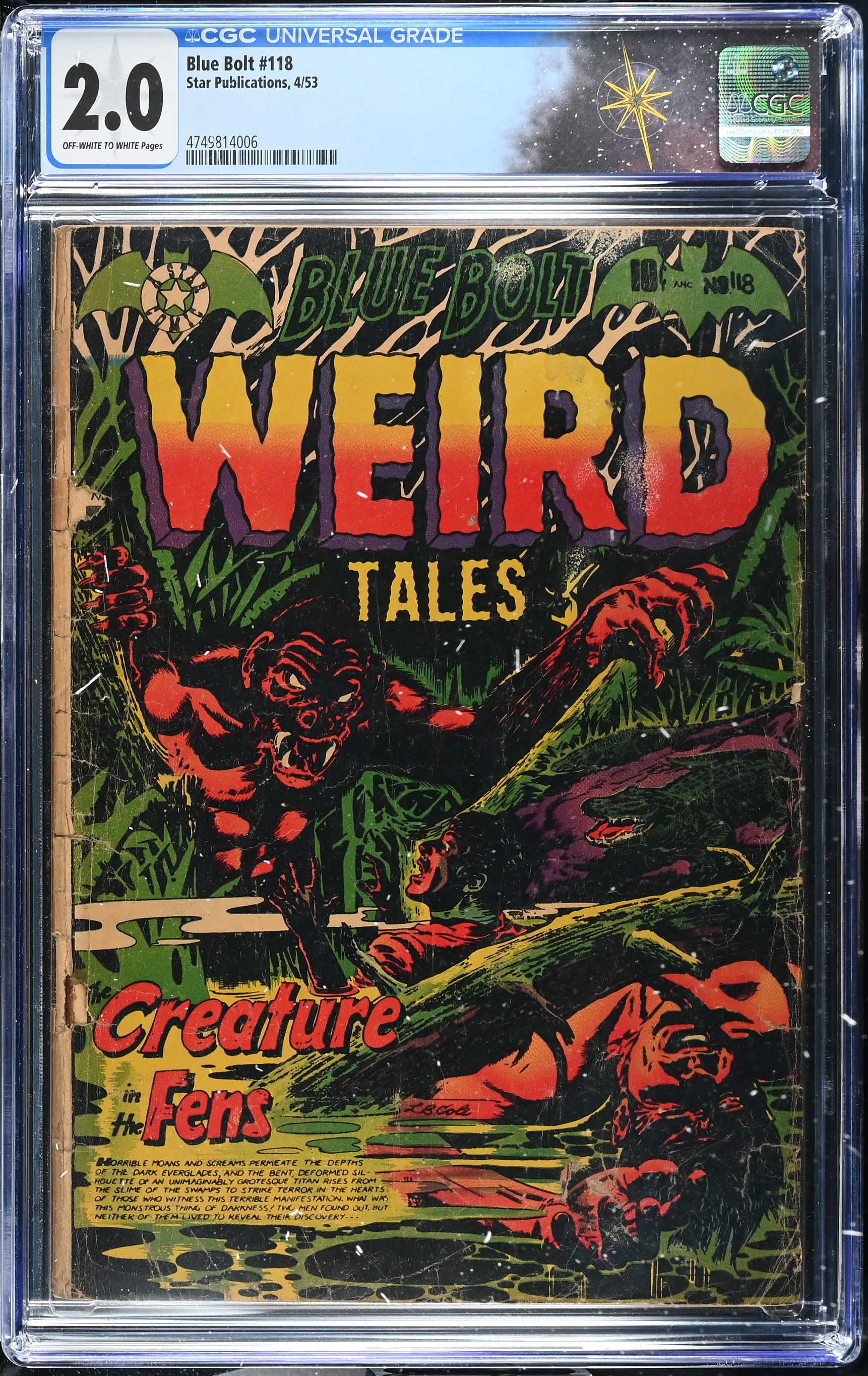 Blue Bolt #118 CGC 2.0 Weird Tales Cover by L. B. Cole (Star Publications, 1953) Off-White to White Pages