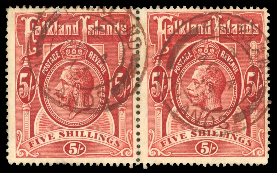 SG 67 1912 5/- rose-red horizontal pair cancelled in brown