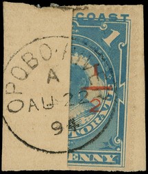 1894 surcharge '½' Type 58 on half of 1d pale blue, used on piece with Opobo River CDS of AU 22 94.  SG 58,...