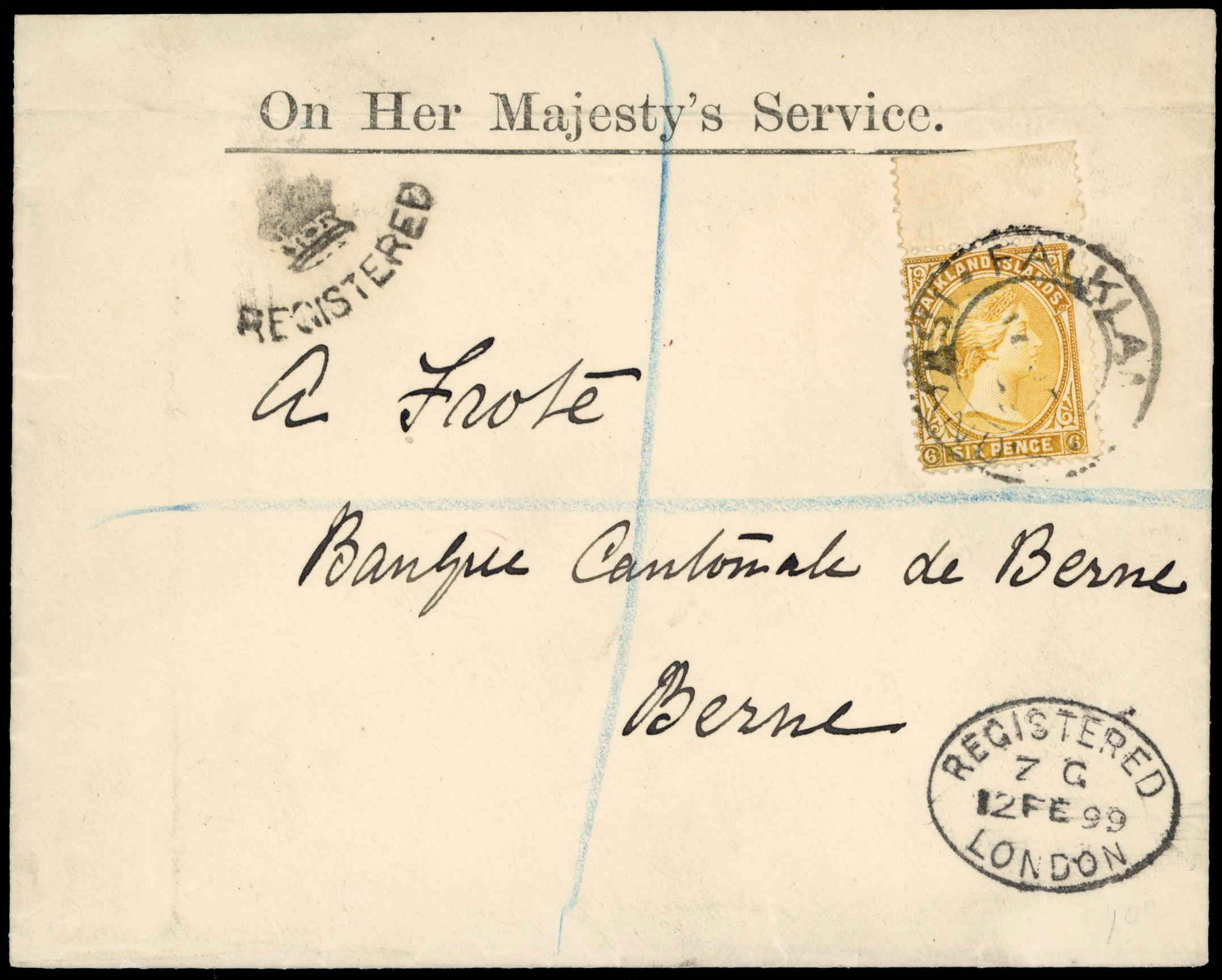 † Falkland Islands OHMS registered cover to Berne