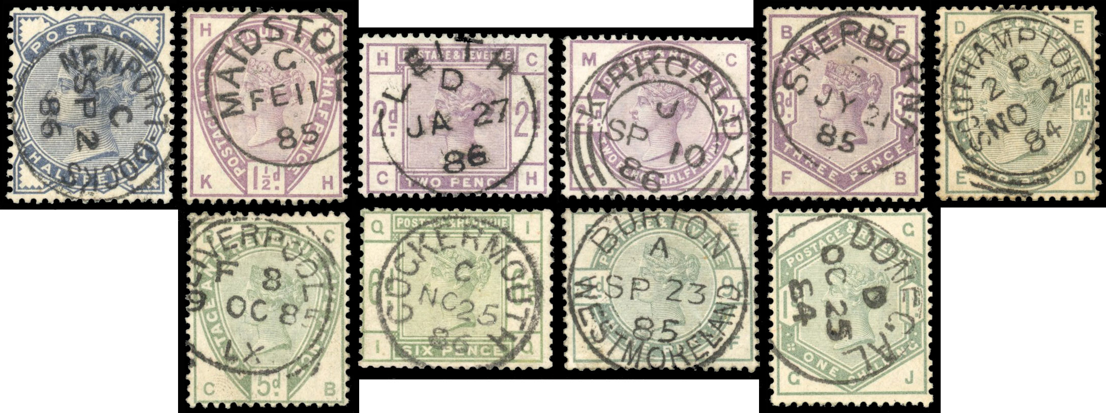 GB 1883-84 ‘Lilac and Green' set of 10 to 1s, cds used, SG 187/196