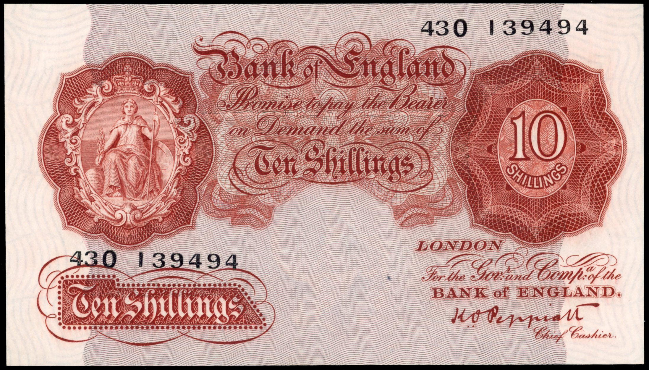 Bank of England, K O Peppiatt, Third period Ten Shillings, Jun. 1948, 43O 139494, (Dugg. B256). Extremely Fine…