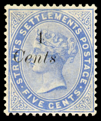 Straits Settlements SG 72 1884 4c on 5c blue surcharge in black