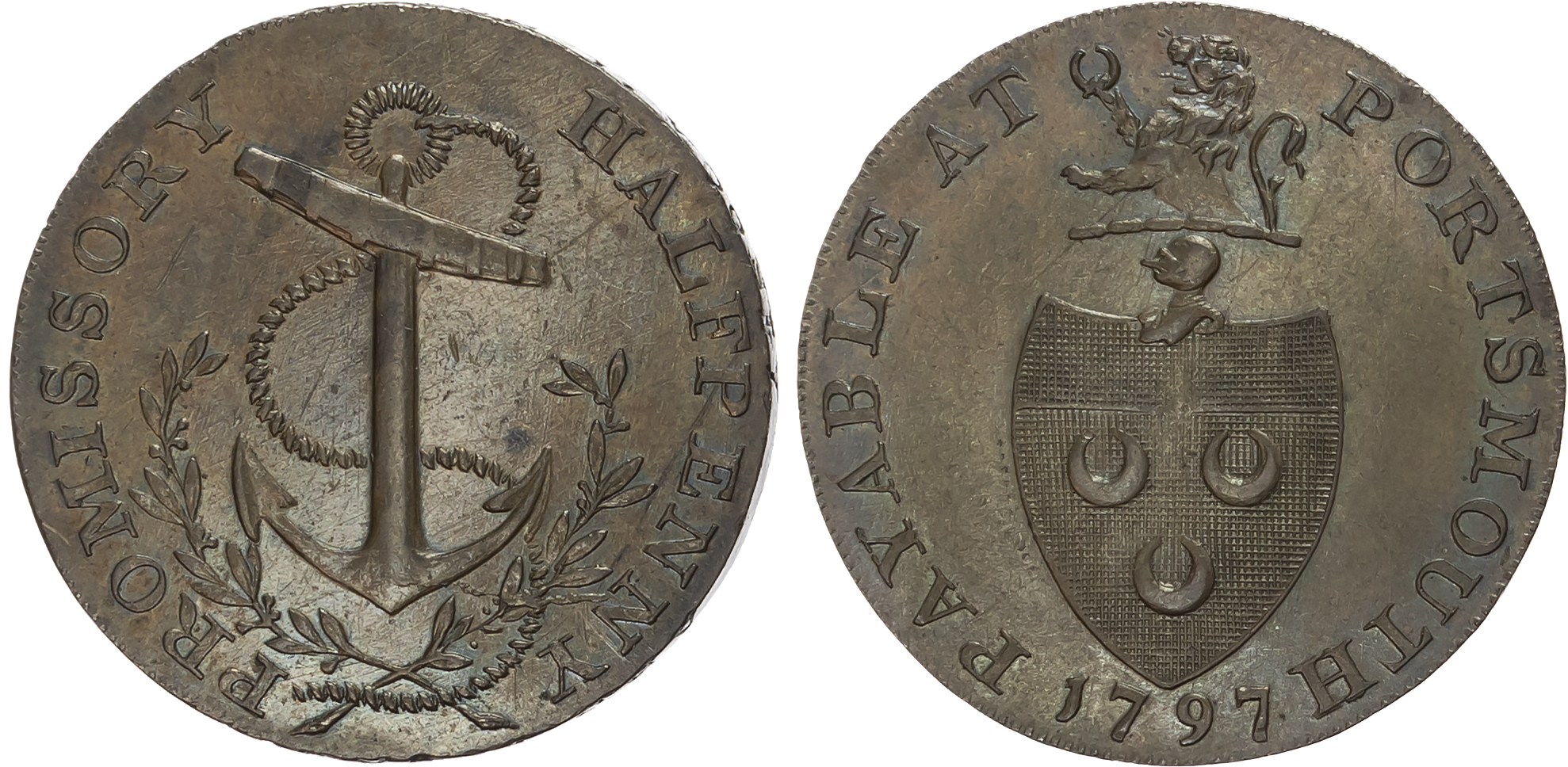 Hants . Portsmouth , G. Robinson (?), J. Mooney (cornfactor) and J. Carter (brewer and mayor) Halfpenny, 1797, Arms of t …