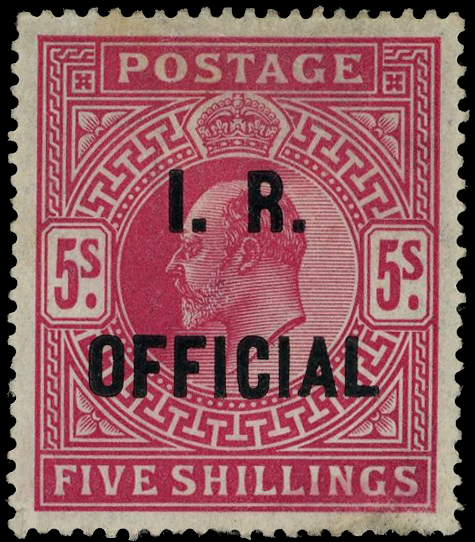 GB: 1902 5s bright carmine overprinted “I.R. OFFICIAL” , a few shortish perfs at bottom, BPA certificate (1997)