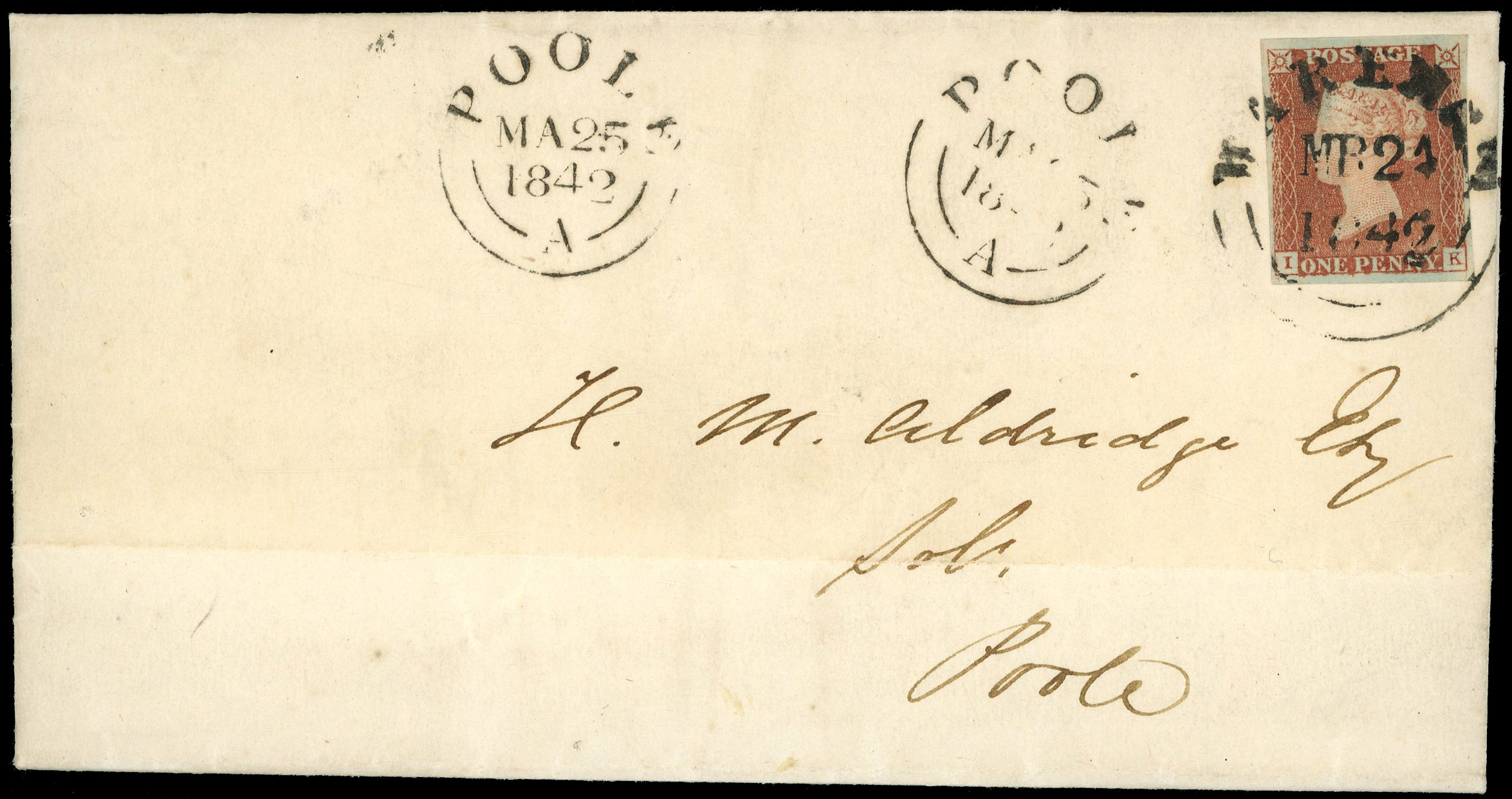 1841 1d Red-brown Pl.16 (IK). Wareham Wessex cancel on cover