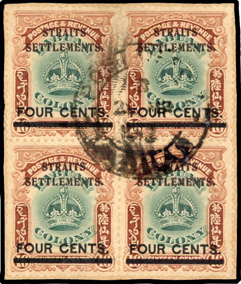 Straits Settlements 1907 4c on 16c variety STRAITS SETTLEMENTS in both brown-red and black used