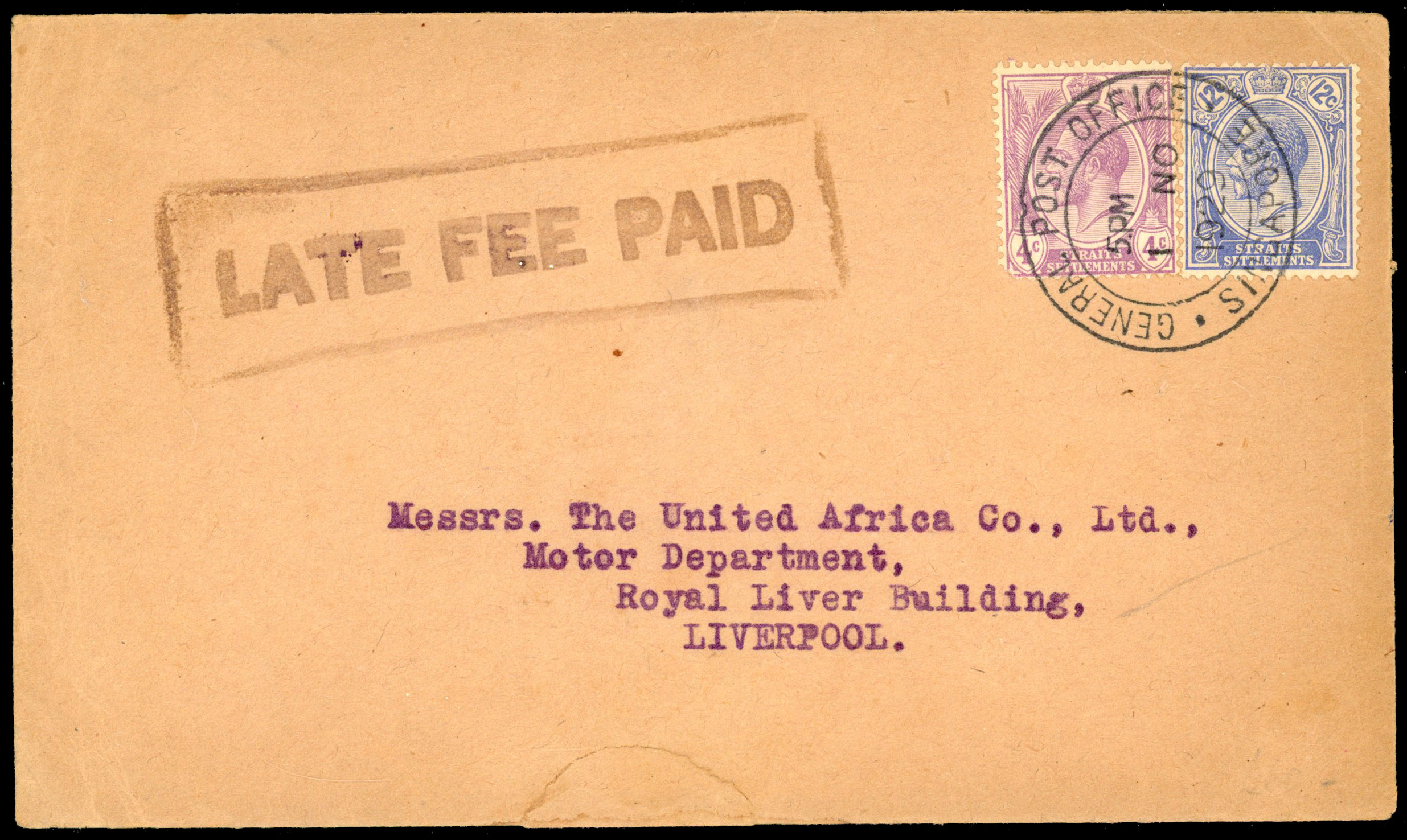 Singapore 1929 (1 Nov.) envelope to Liverpool, 'LATE FEE PAID' marking bearing KGV 4c. and 12c