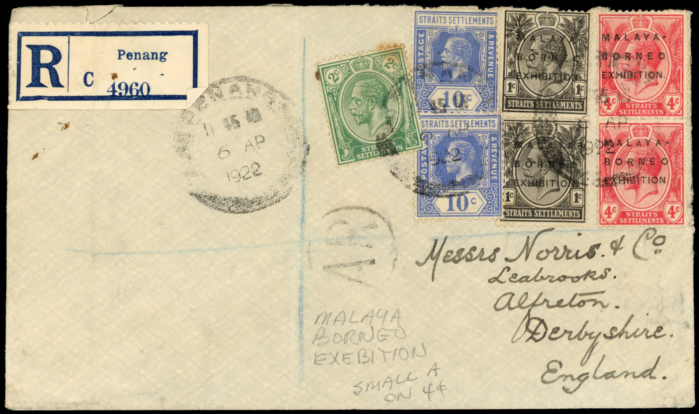 Malaya - Straits 1922 registered cover to England with 1922 Malaya Borneo Exhibition mixed franking