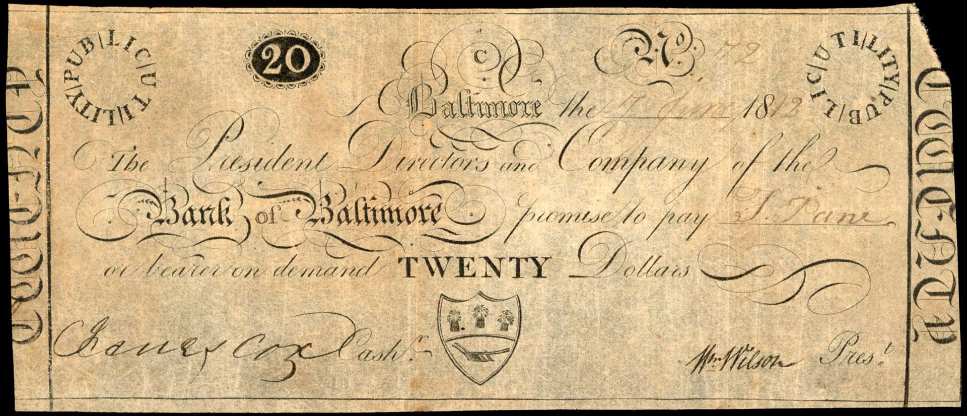 USA, MD. Baltimore, Bank of Baltimore, Uniface Twenty Dollars, 7 Jun. 1812. Good Fine missing upper right corn…