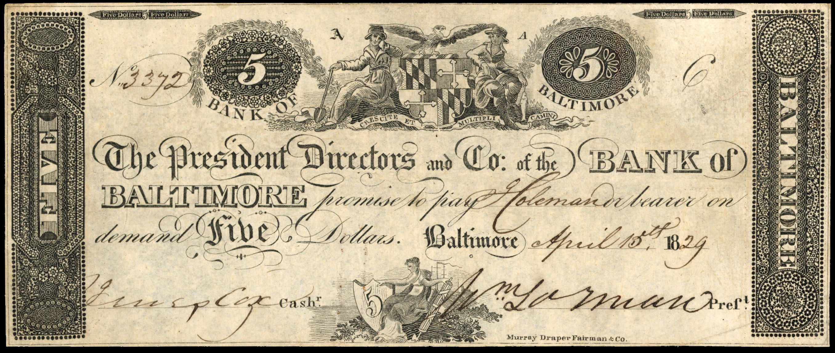 USA, MD. Baltimore, Bank of Baltimore, Uniface Twenty Dollars, 7 Jun. 1812. Good Fine missing upper right corn…