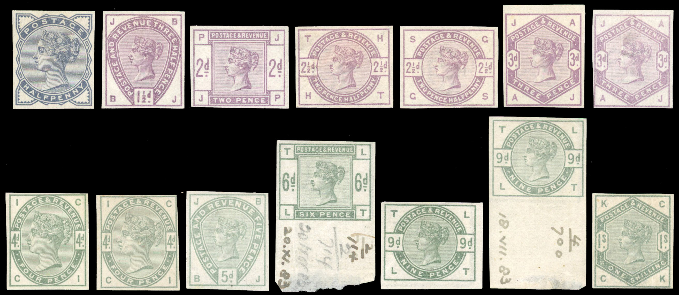 1883-84 ½d-1s "Lilac and Green" unified issue. Set of imprimaturs