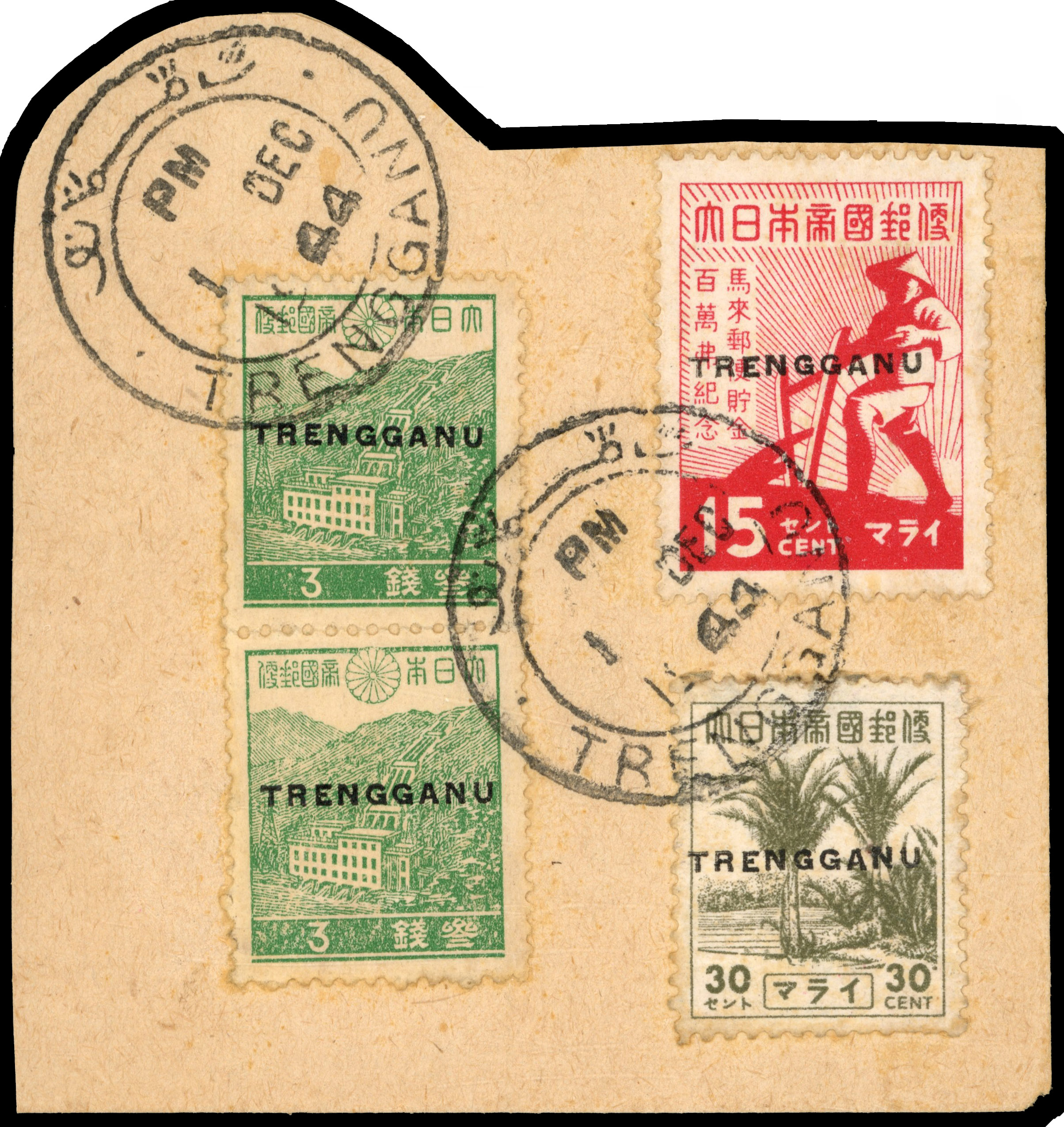 Thai Occupation of Trengganu: 1944 SG TT31 combination franking with Japan 3s green pair