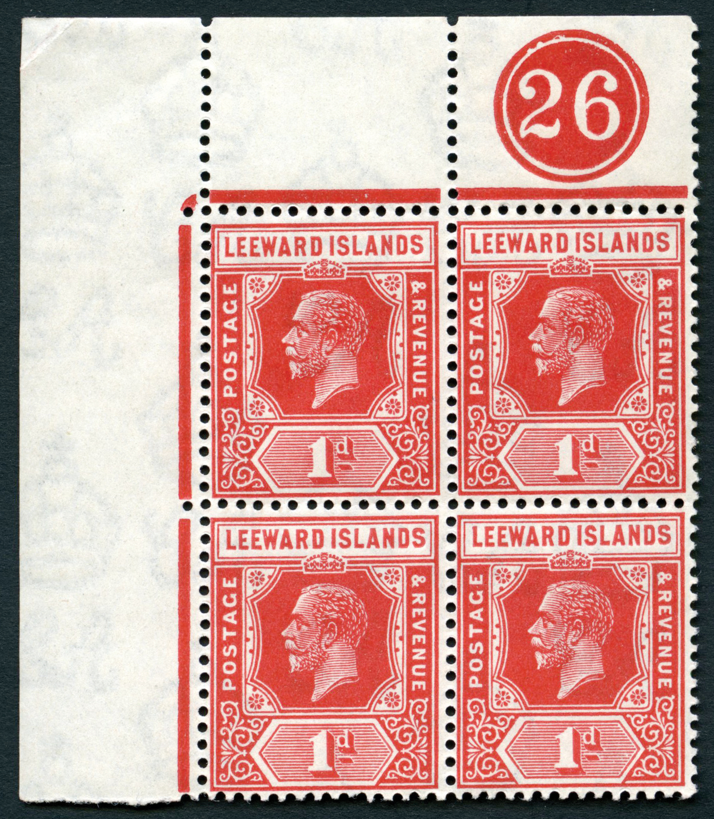 1929 1d bright scarlet TL corner block of four with Plate 26, u/m, tiny selvedge corner crease. Difficult proving...