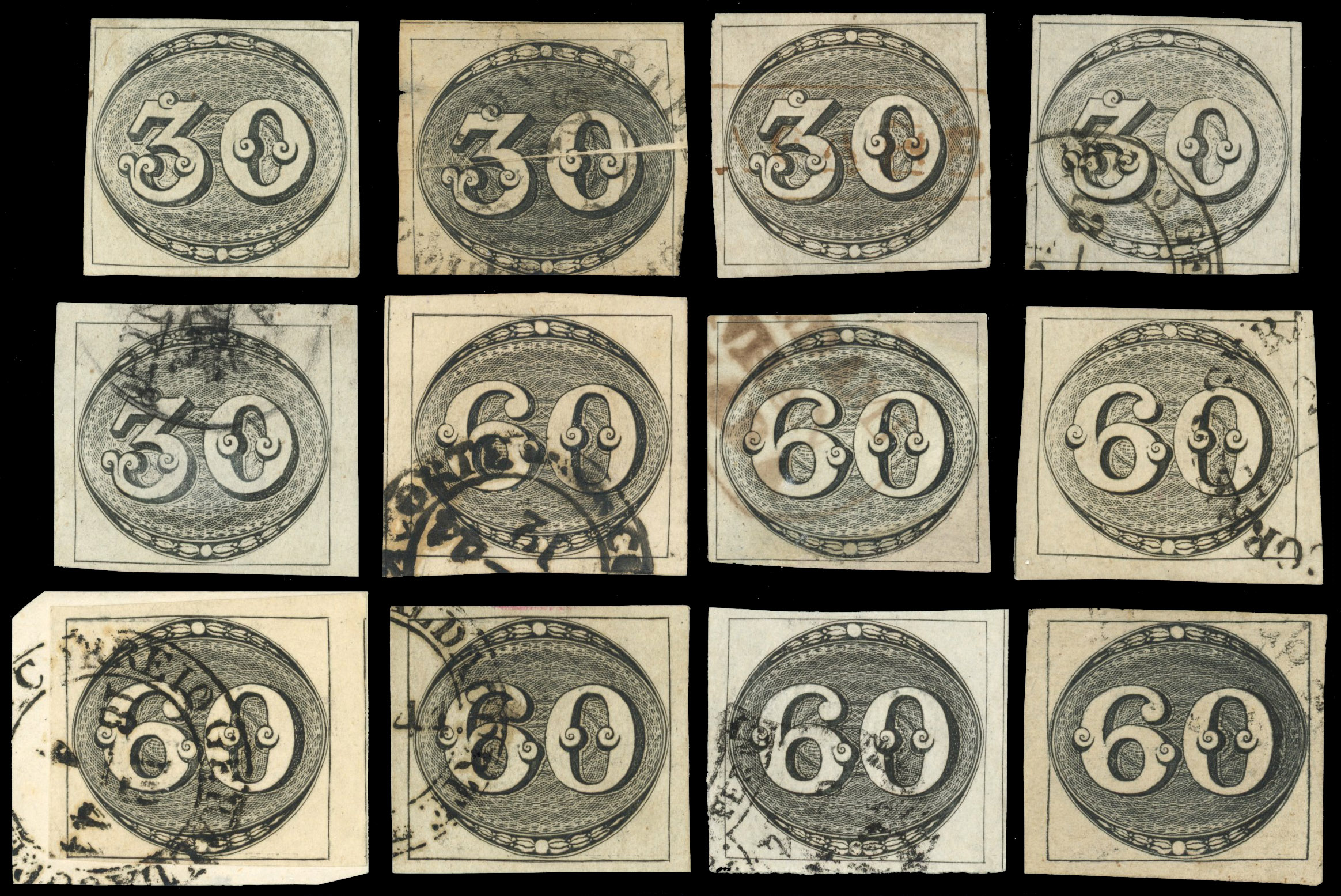 Brazil Bull's Eye 1843 group of 30r and 60r
