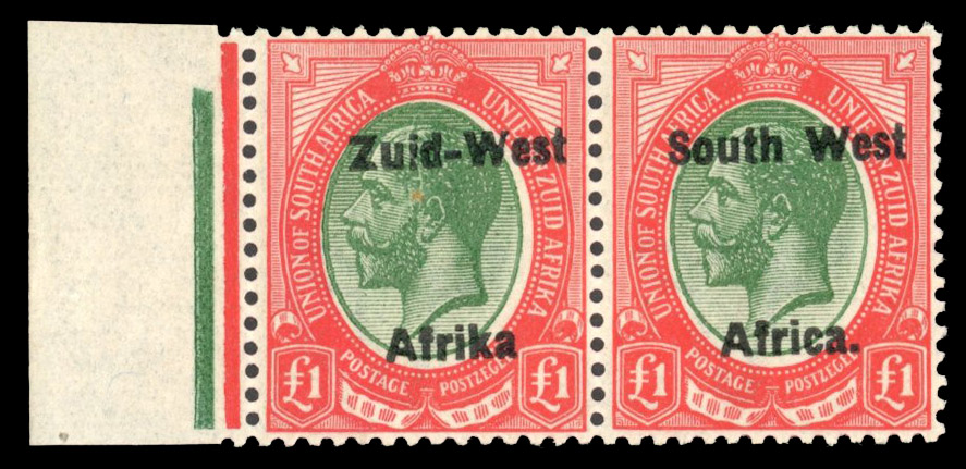 South West Africa SG 15a £1 Setting II pair missing stop mint