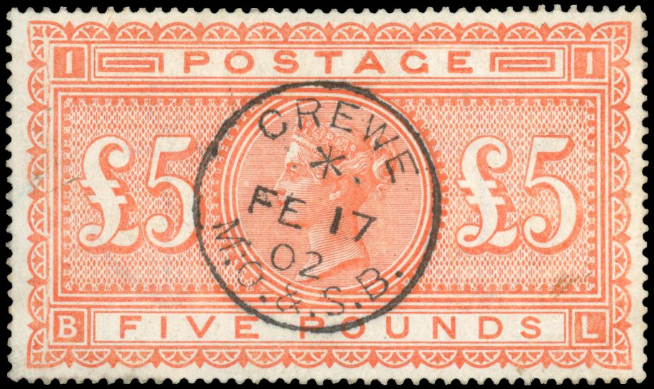 GB 1867-83 £5 orange on white paper, used, SG 137