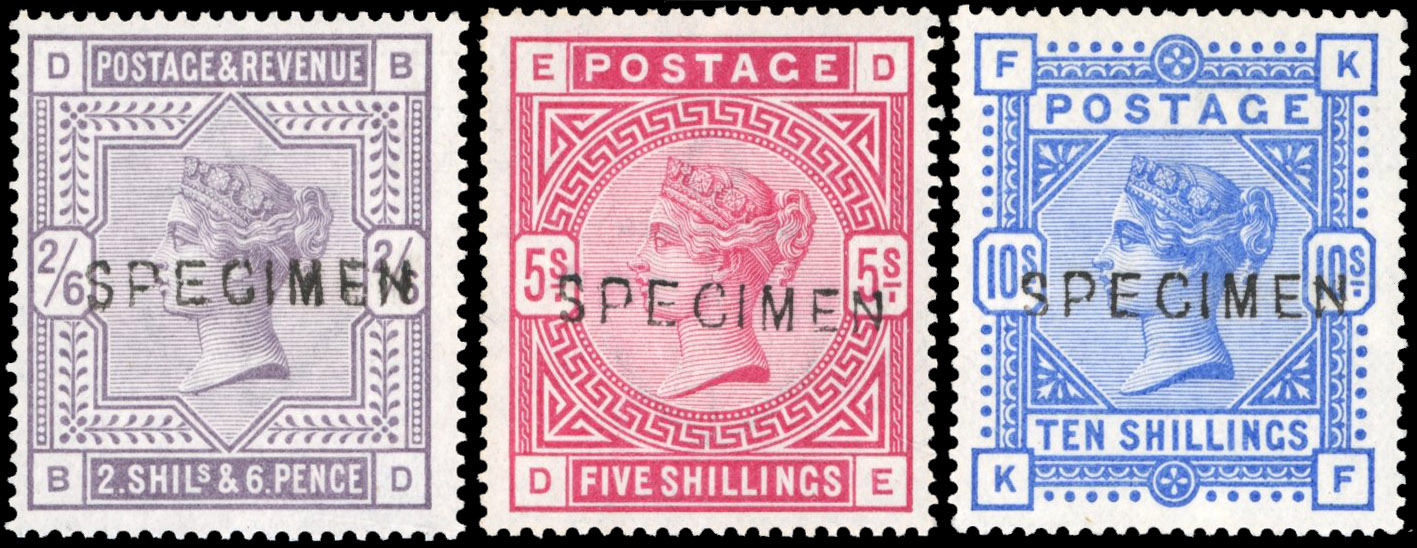 GB 1883-84 2s6d, 5s, 10s optd SPECIMEN Type 11, SG 178s, 180s, 183s