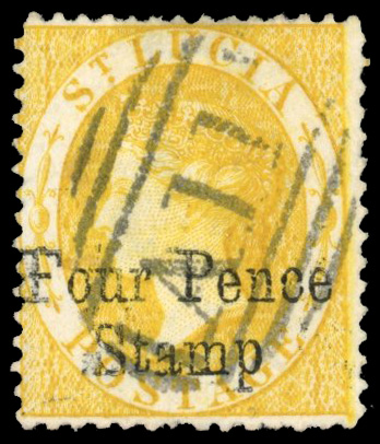 St Lucia Postal Fiscals. 1881 Four Pence Stamp, yellow with watermark reversed, SG F8x