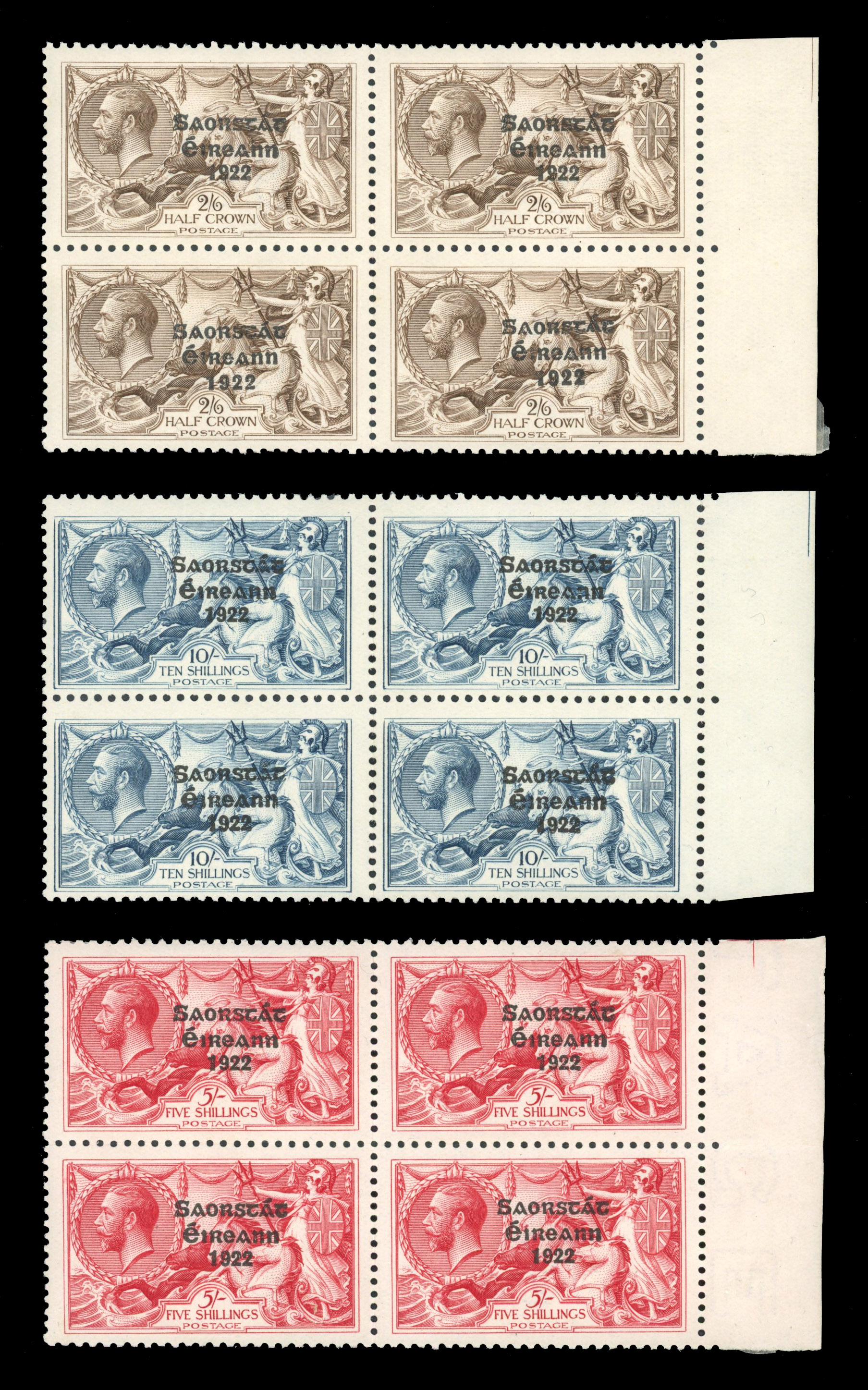 Ireland 1922-23 2s6d to 10s marginal blocks of four unmounted o.g.