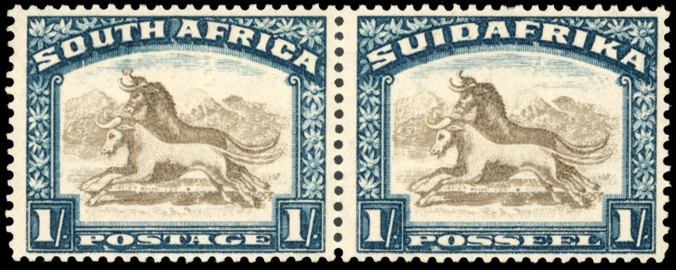 South Africa SG 48dw 1930 1/- twisted horn pair mint