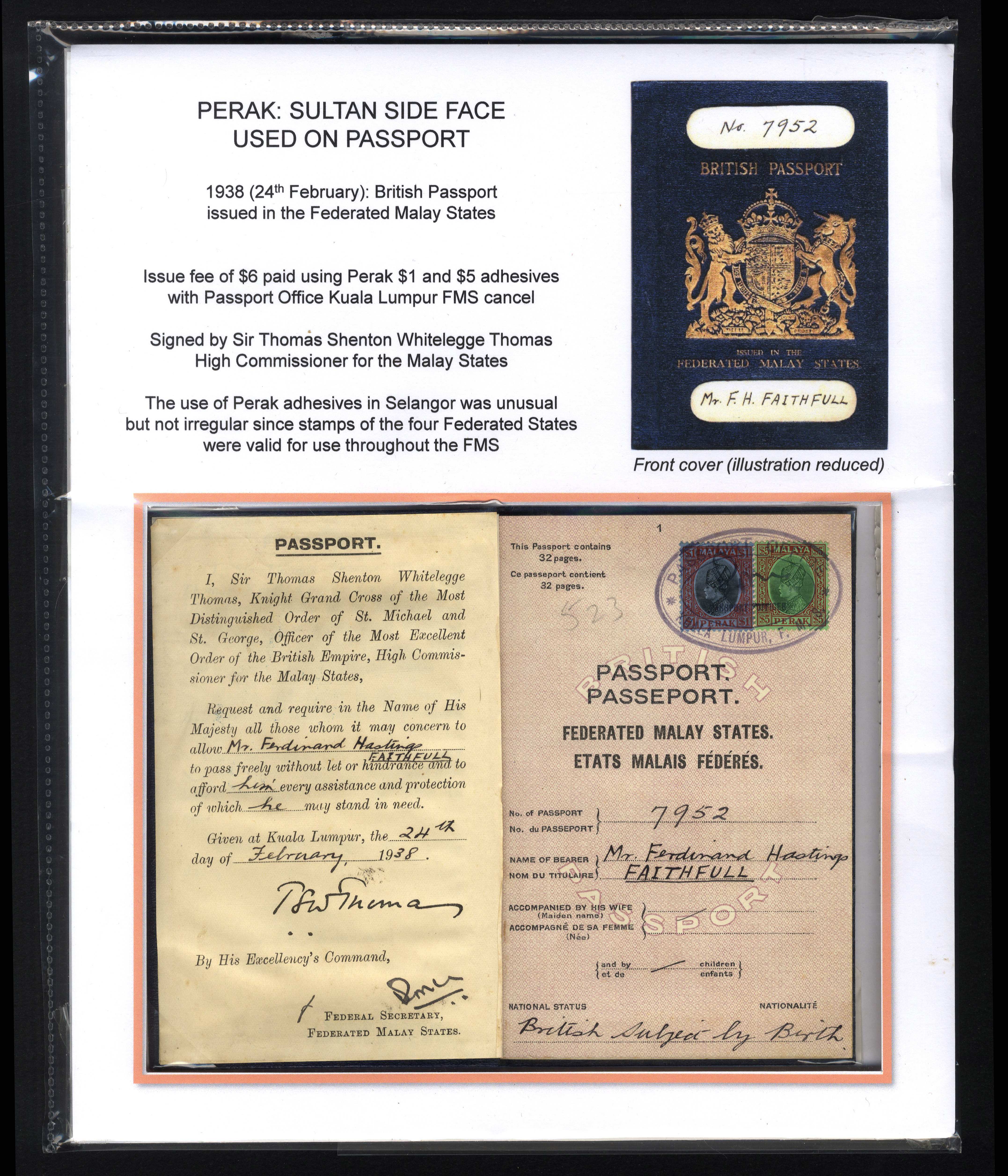 Perak Revenue 1938 Passport with $1, $5 Postage & Revenue