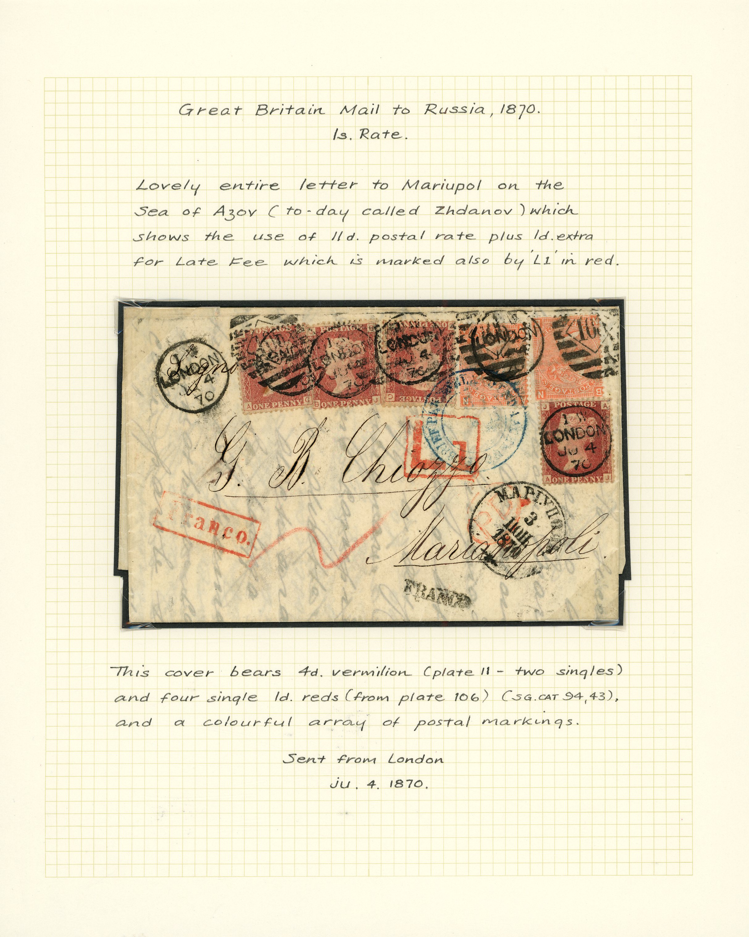 1870 Overseas mail. Fine entire from London to Mariupol, Ukraine