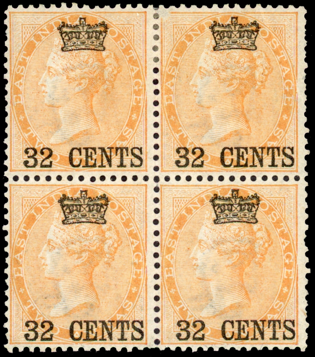 Straits Settlements SG 9 1867 (1 Sep) 32c on 2a yellow block of 4 large part o.g.