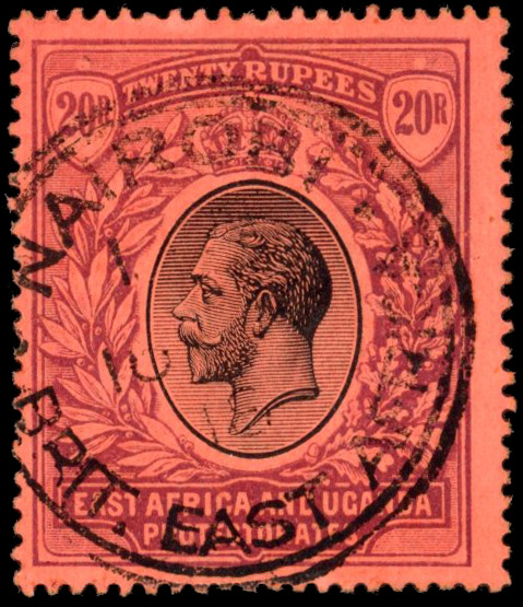 East Africa & Uganda SG 59 1912 20r black and purple on red paper used