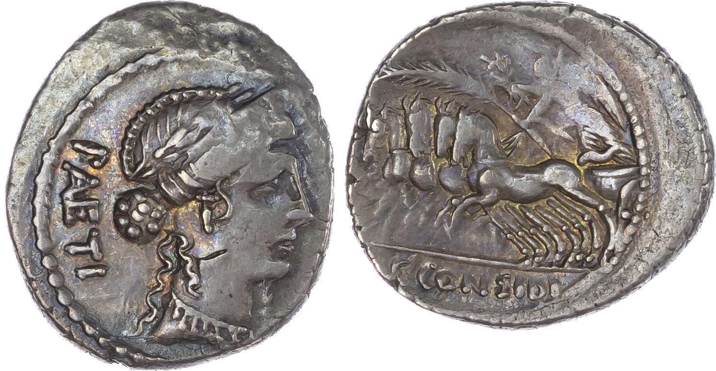 C. Considius Paetus (46 BC) AR Denarius, Rome, 3.83g. PAETI, laureate and diademed head of Venus facing right. Rev. Victory,