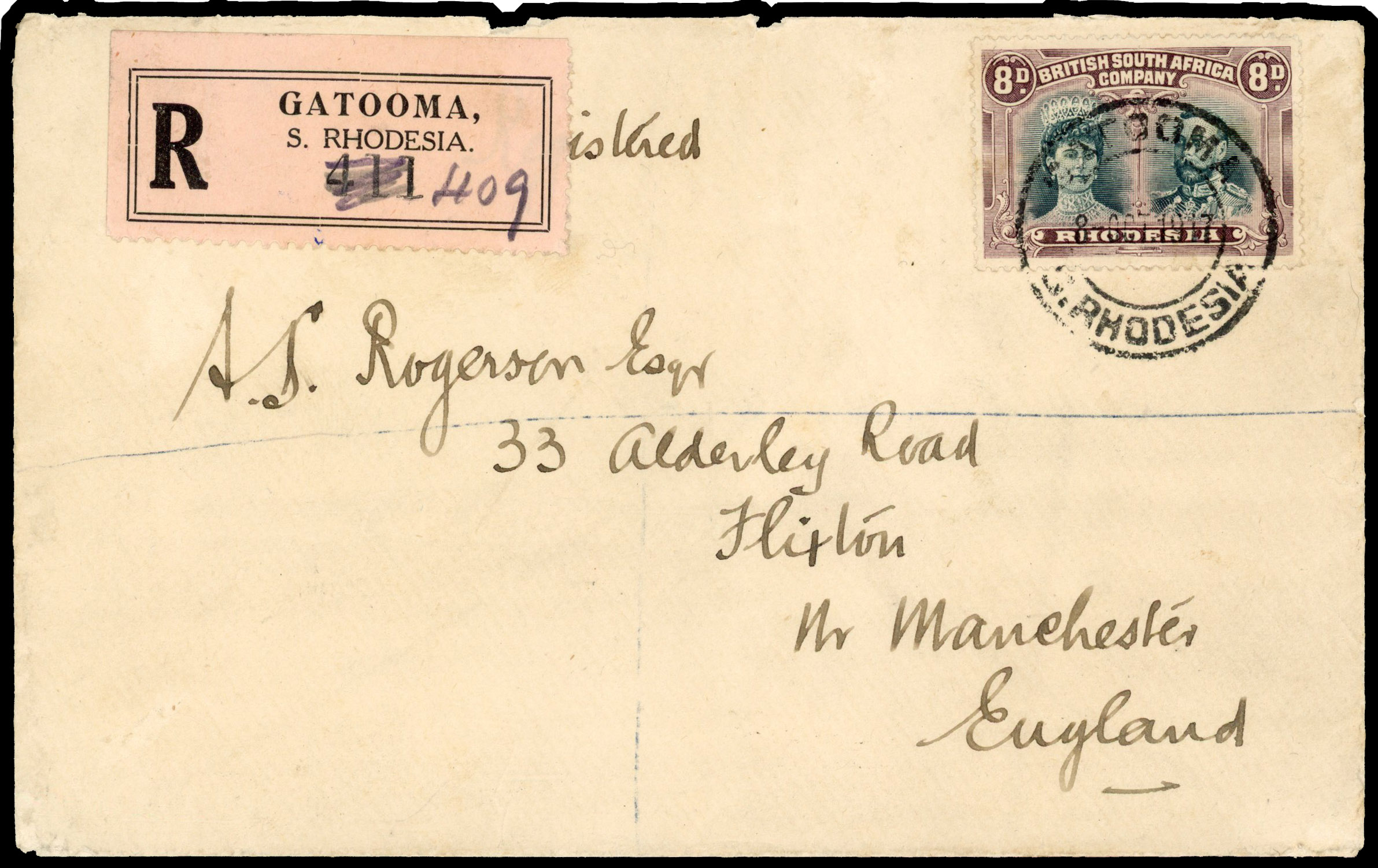 Rhodesia 1917 registered cover from Gatooma to England