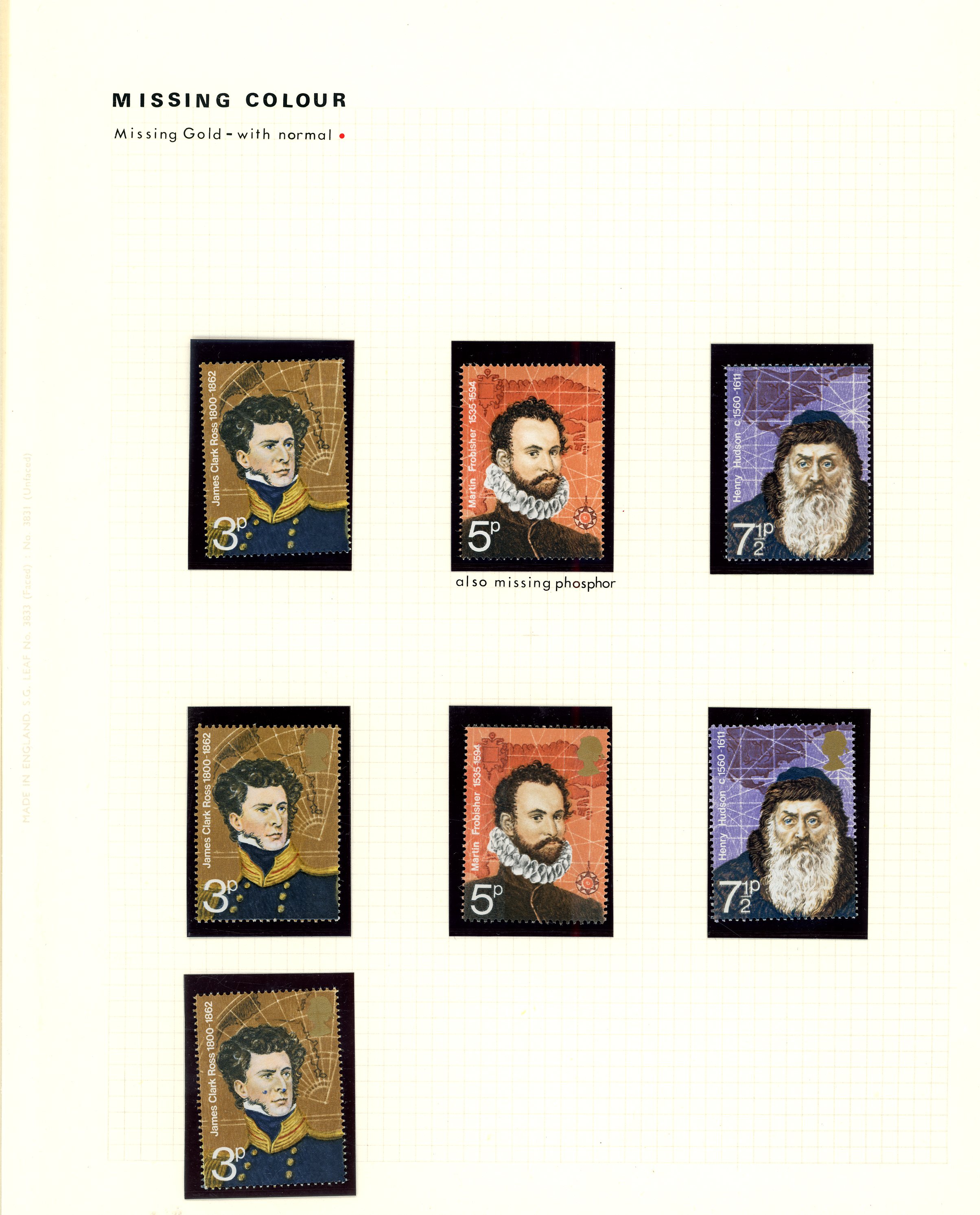 GB: 1972 British Polar Explorers  3p gold (Queen's head) omitted, 5p gold and phosphor omitted and 7½p gold