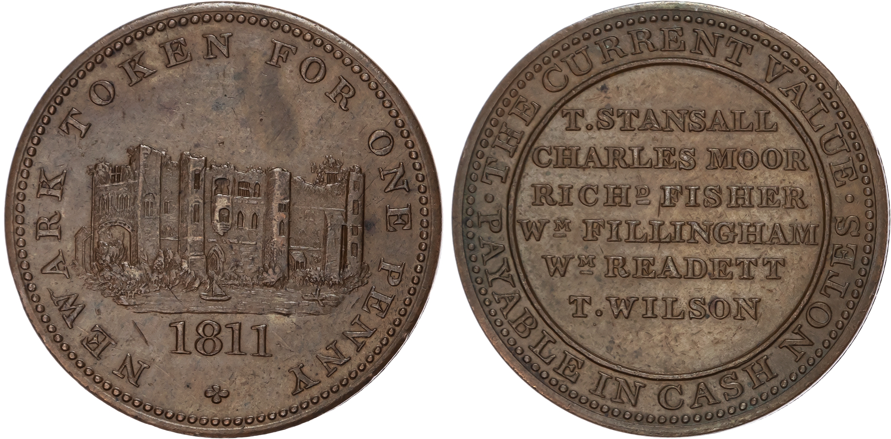 NEWARK, Notts. Stansall, Moor, Fisher, Fillingham, Readett & Wilson, (town shopkeepers) Penny 1811, Newark cas…