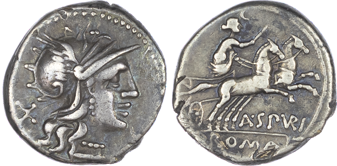 A. Spurilius (139 BC) AR Denarius, Rome, 3.88g. Helmeted head of Roma facing right, X (mark of value) behind. Rev. Luna,