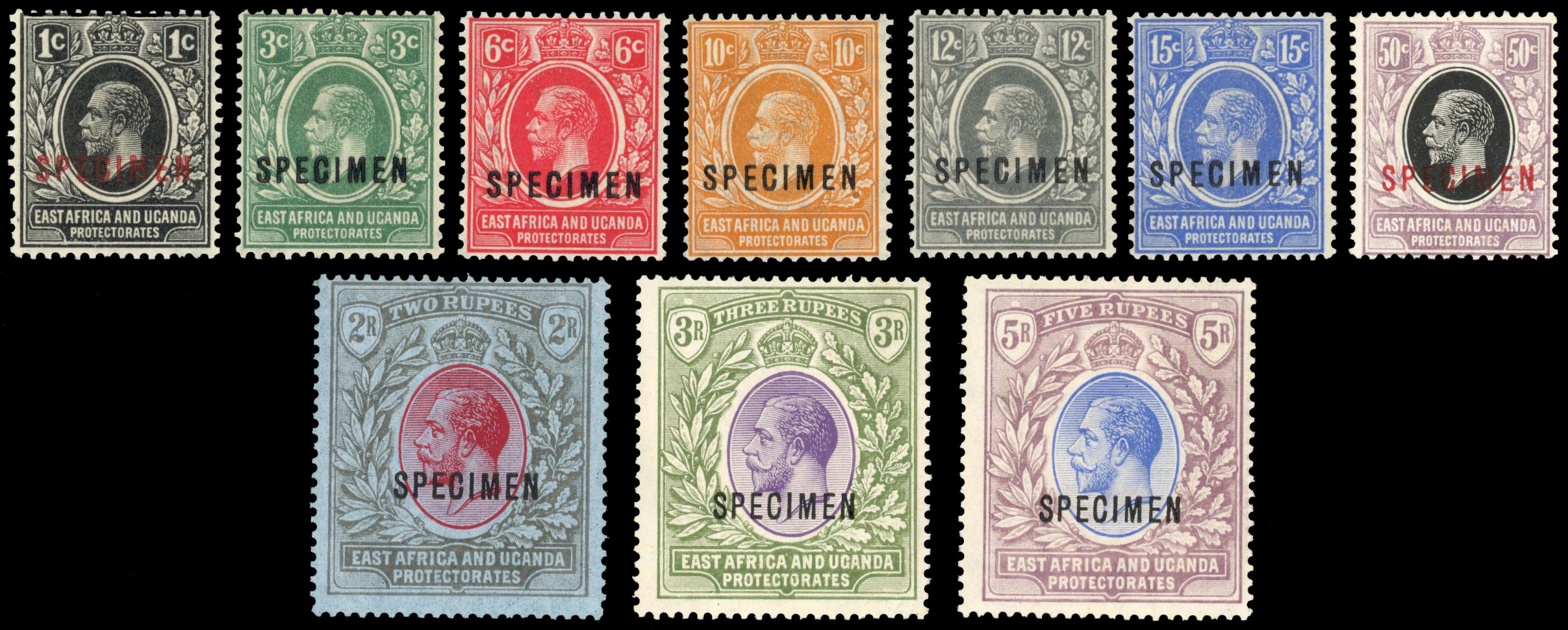 East Africa & Uganda SG 65s-74s 1921 set to 5r Specimen