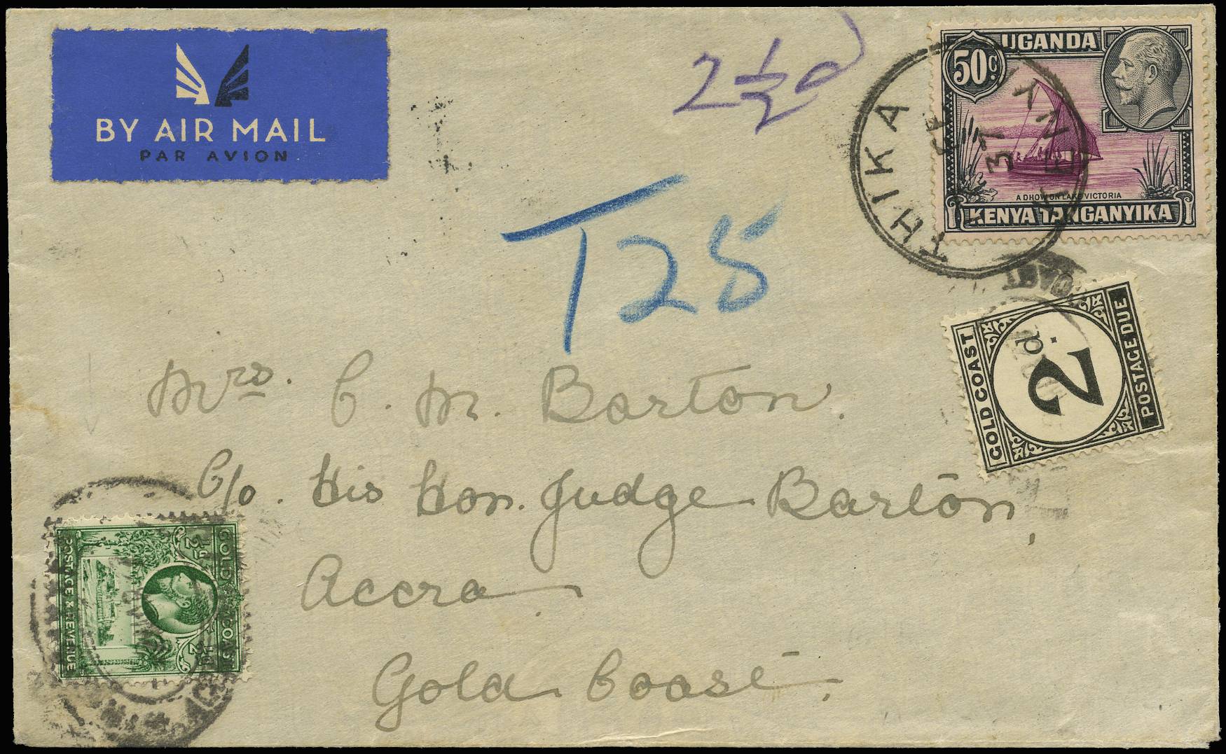 GOLD COAST SG 86, D3 1937 INCOMING POSTAGE DUE COVER