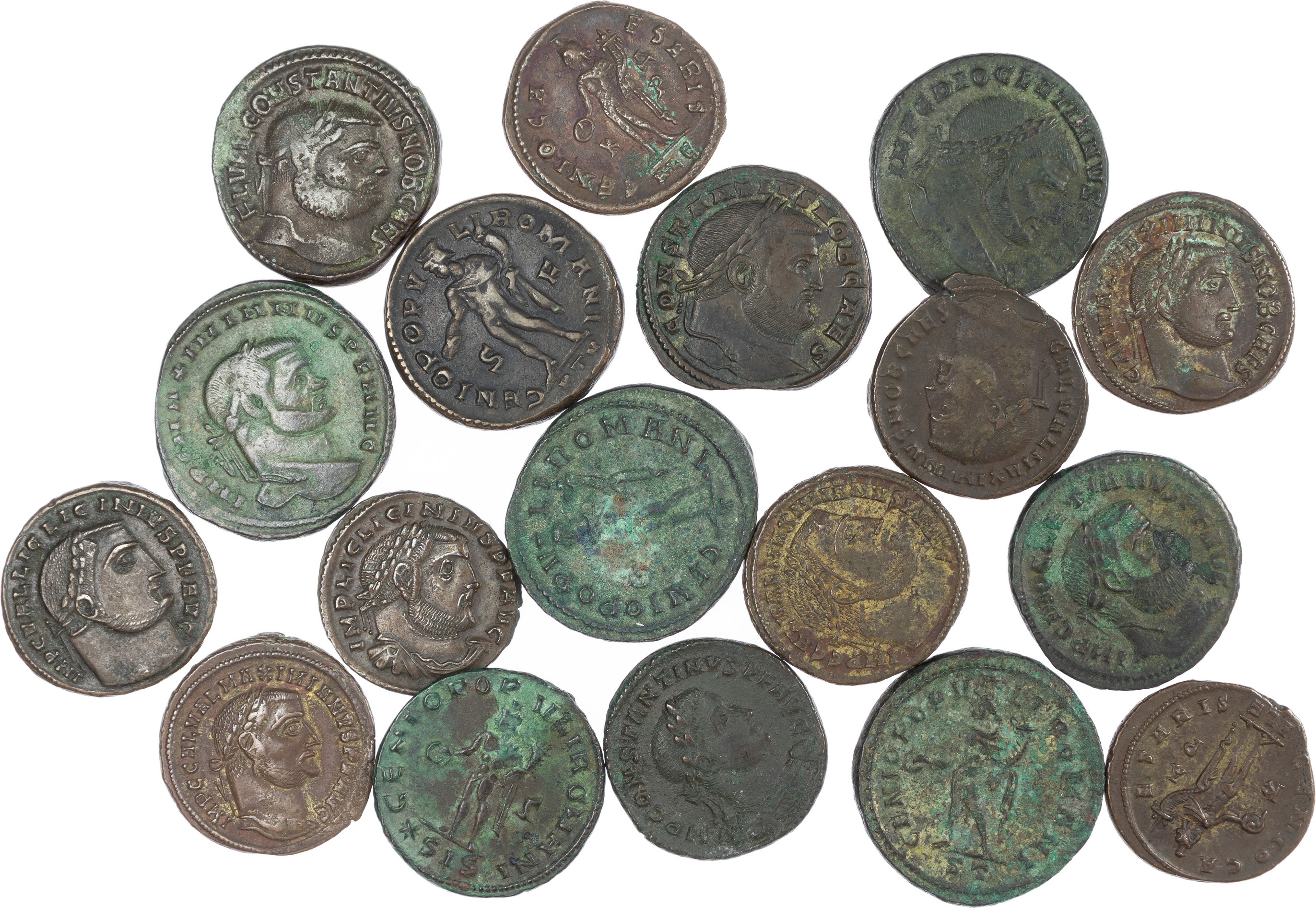 Group of 4th Century Roman Folles (18). Rulers including Diocletian, Constantius, Maximian and Galerius, Constantine and