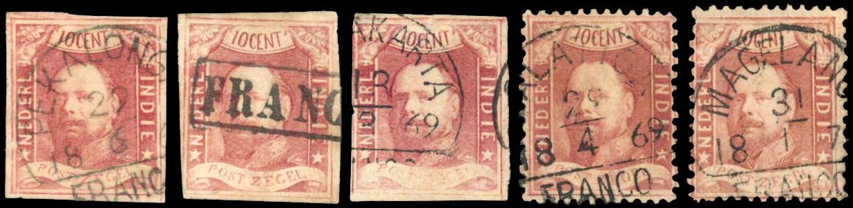 NETHERLAND INDIES 1864 imperforate 10c (3) and 1868 perforated (2) used